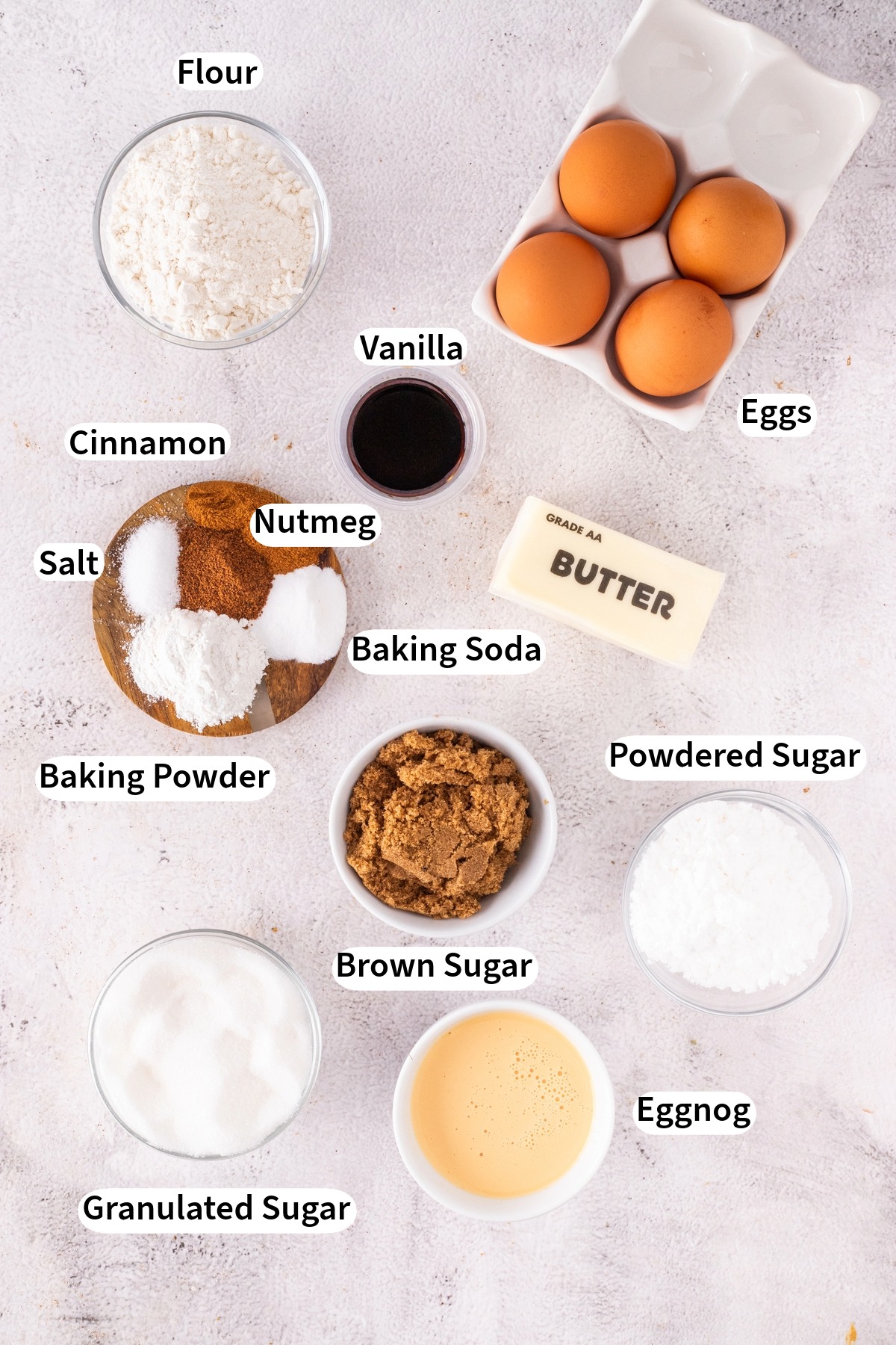 Ingredients to bake eggnog bundt cake. 
