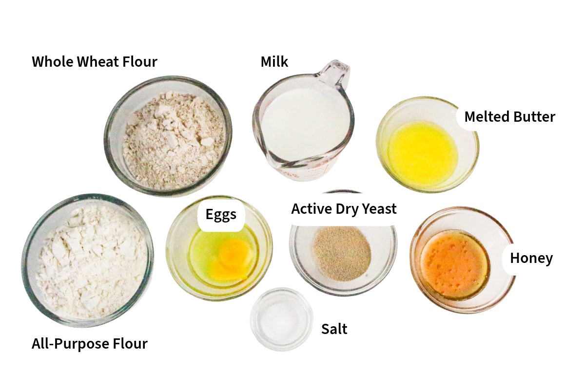 Ingredients to make whole wheat dinner rolls.