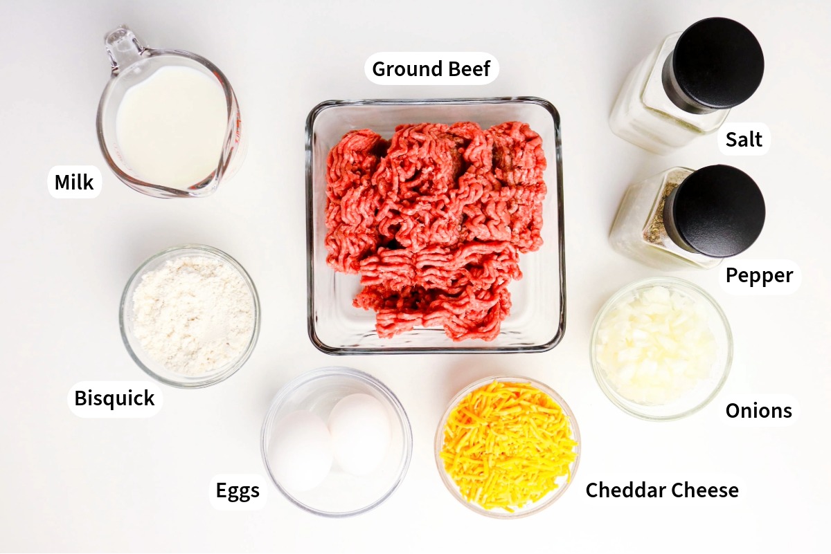 Overhead view of ingredients to make hamburger pie.