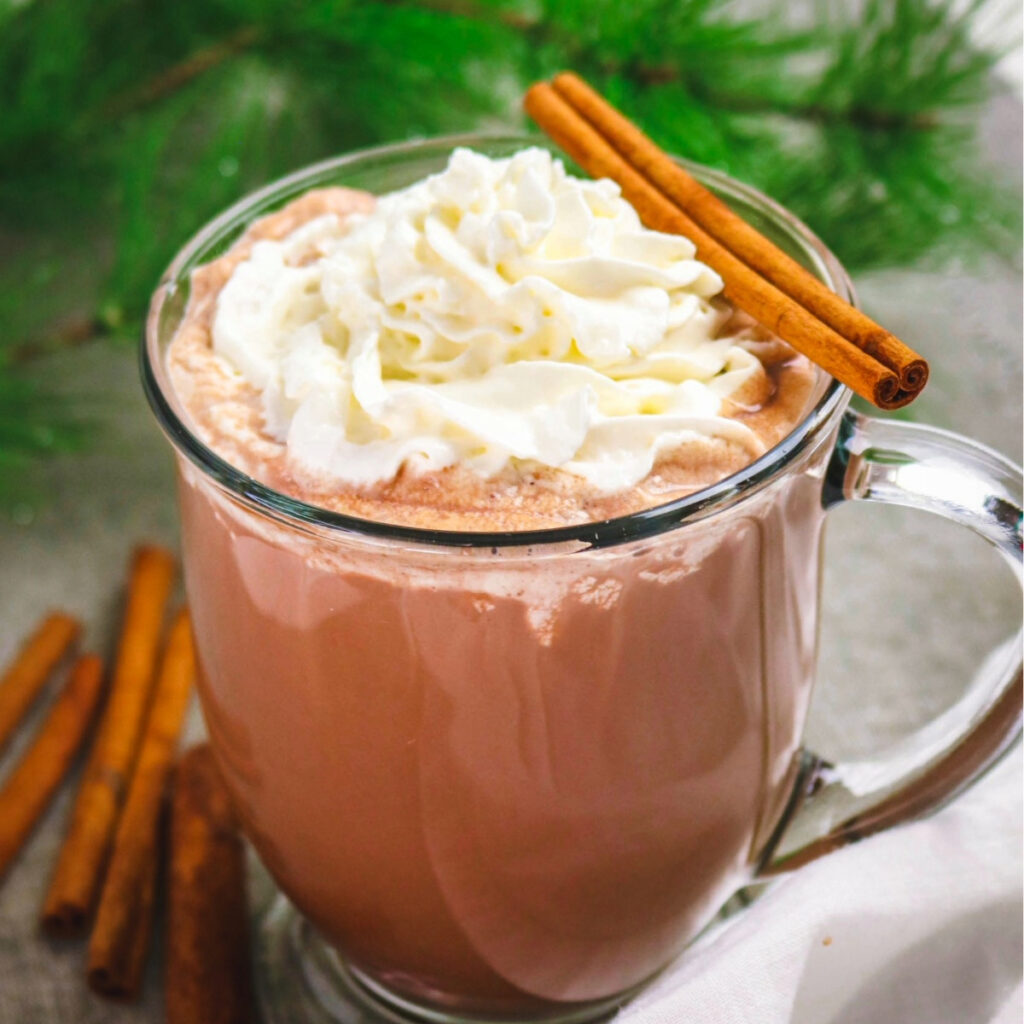 Mexican hot chocolate topped with whipped cream with a cinnamon stick on the side of the rim.