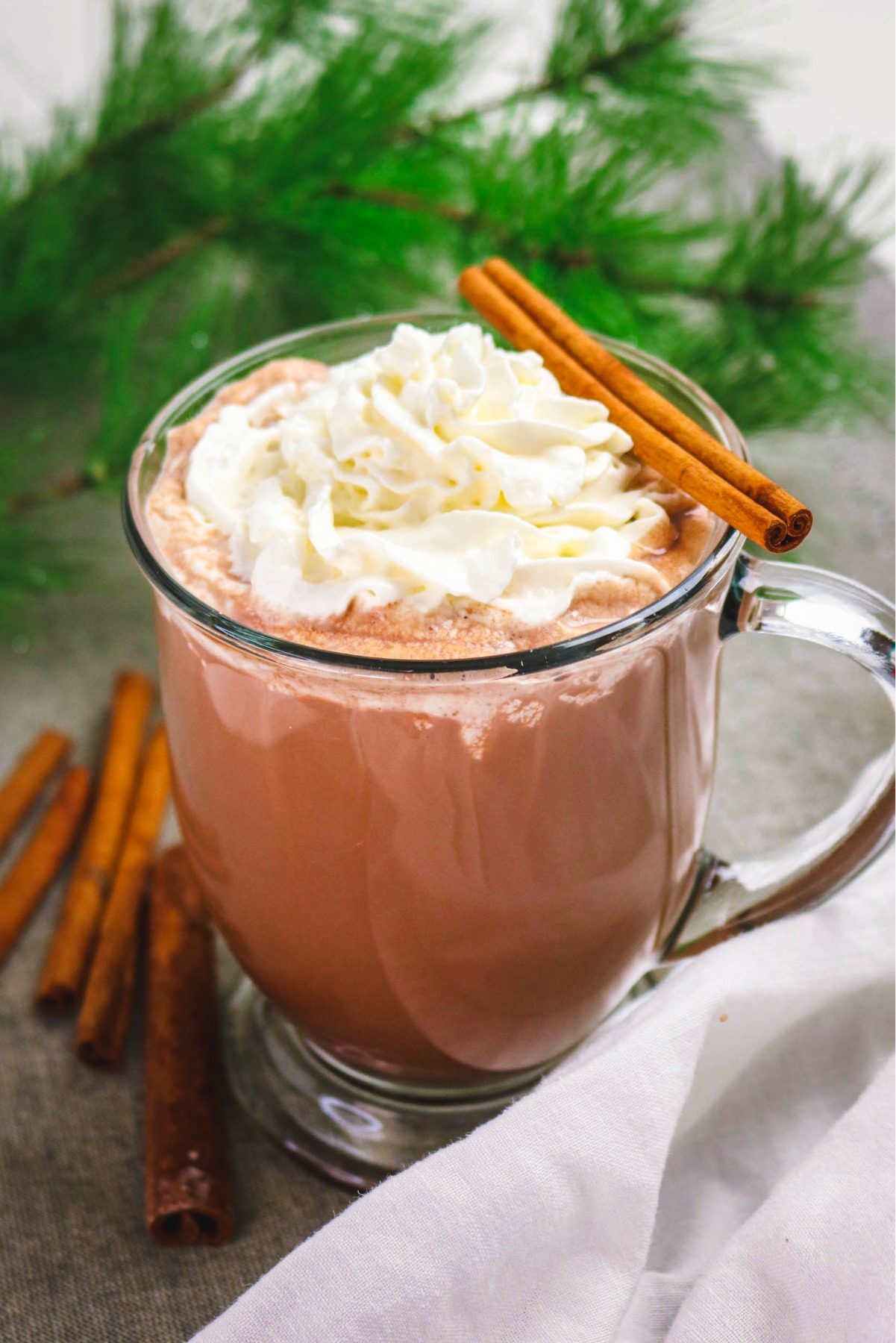 Mexican hot chocolate with cinnamon stick and whipped cream in a clear mug.