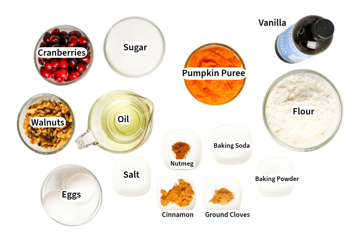 Ingredients for pumpkin cranberry bread.