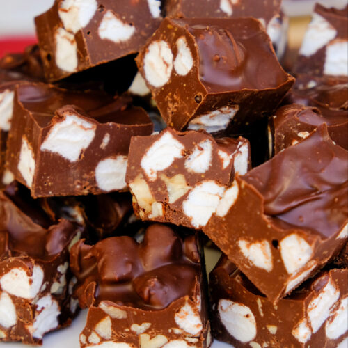 Rocky Road pieces piled on a serving plate.