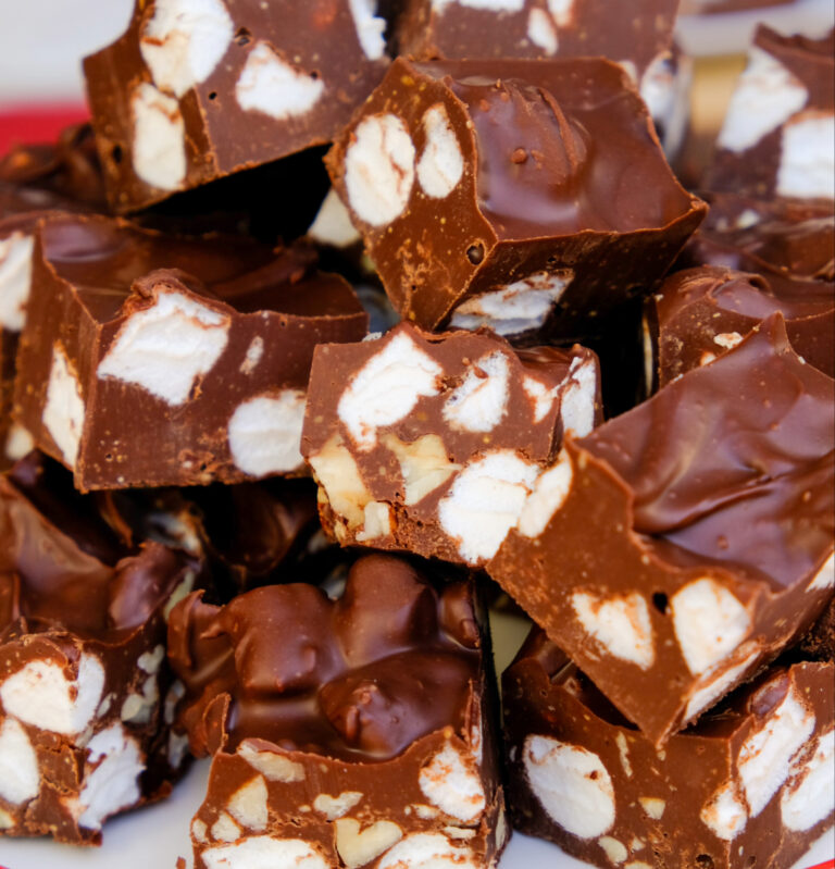 Rocky Road pieces piled on a serving plate.