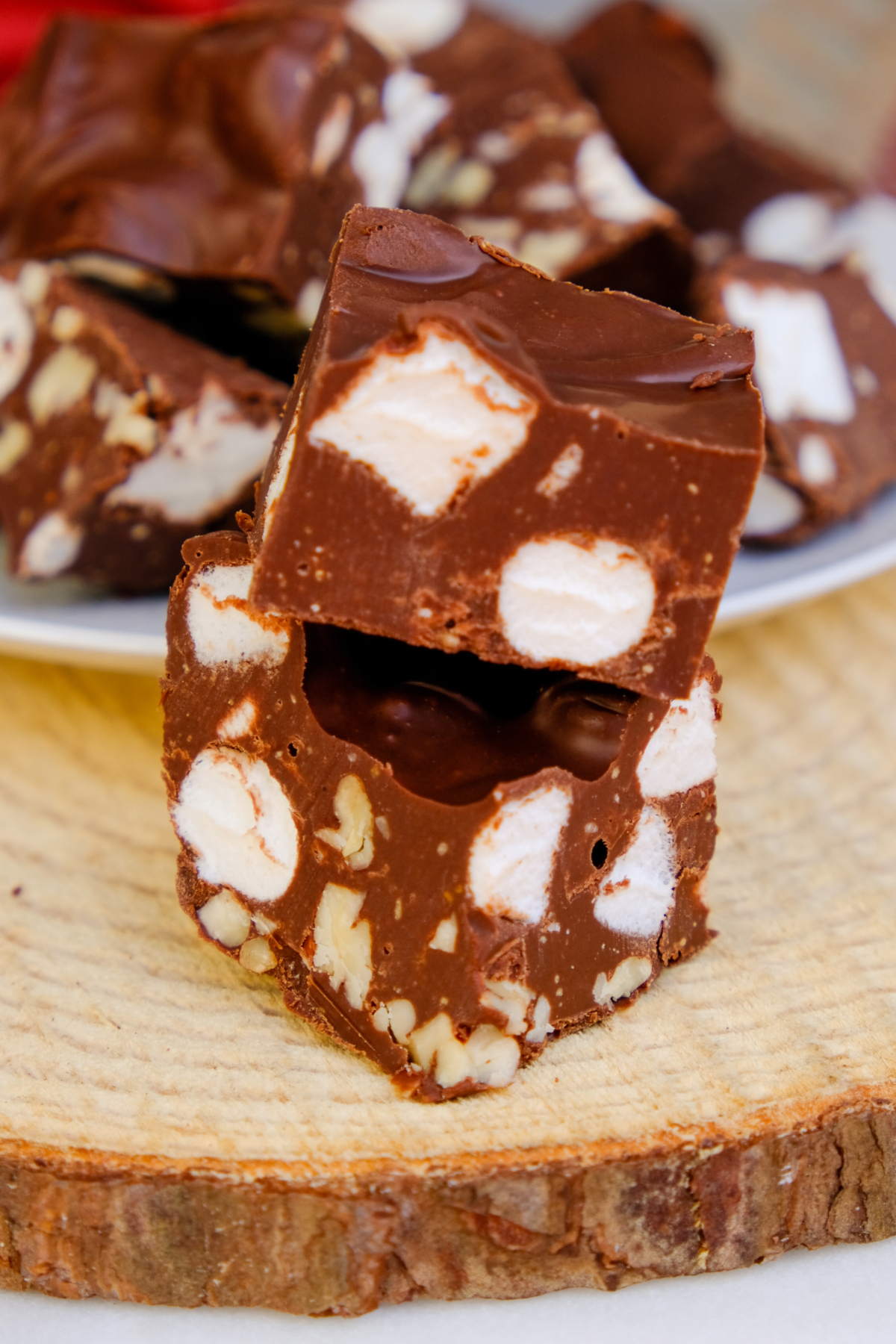 Two slices of rocky road arranged on top of each other.