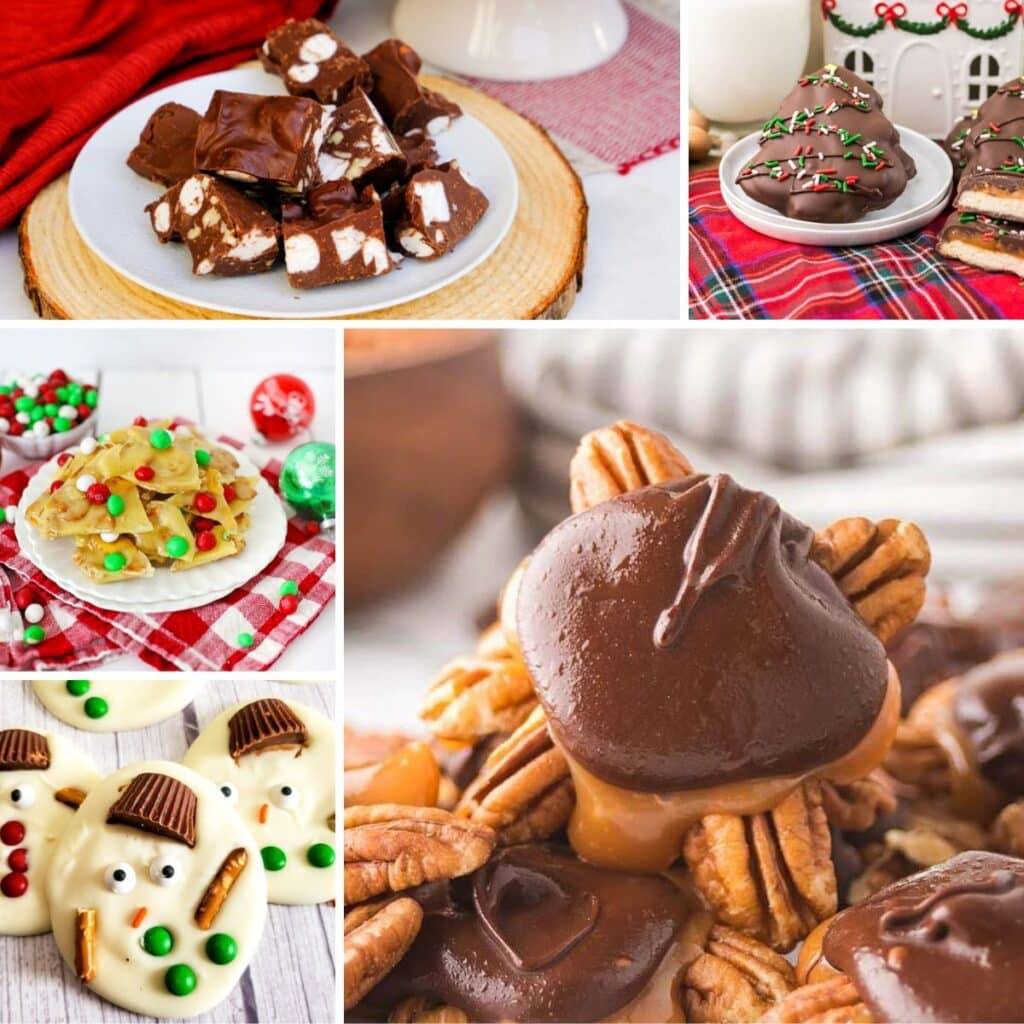 Collage of no bake holiday treats.