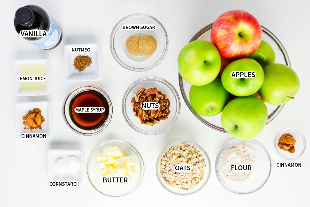 Ingredients to make apple crisp with lower sugar in the ingredients.