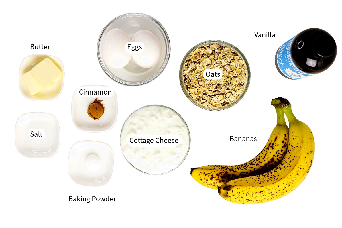 Ingredients to make banana cottage cheese pancakes.