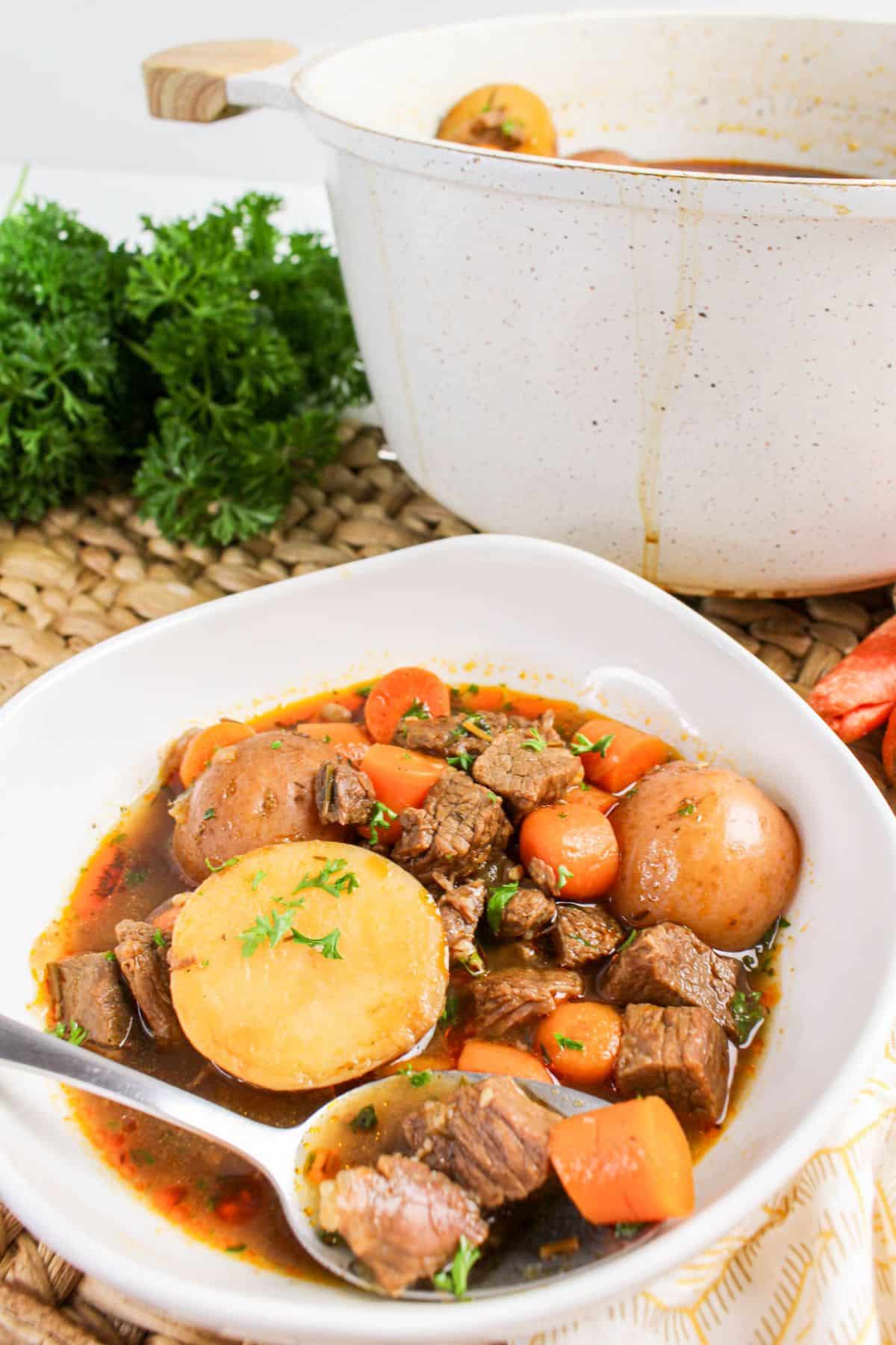 Finished beef brisket stew served in a bowl with carrots and potatoes.