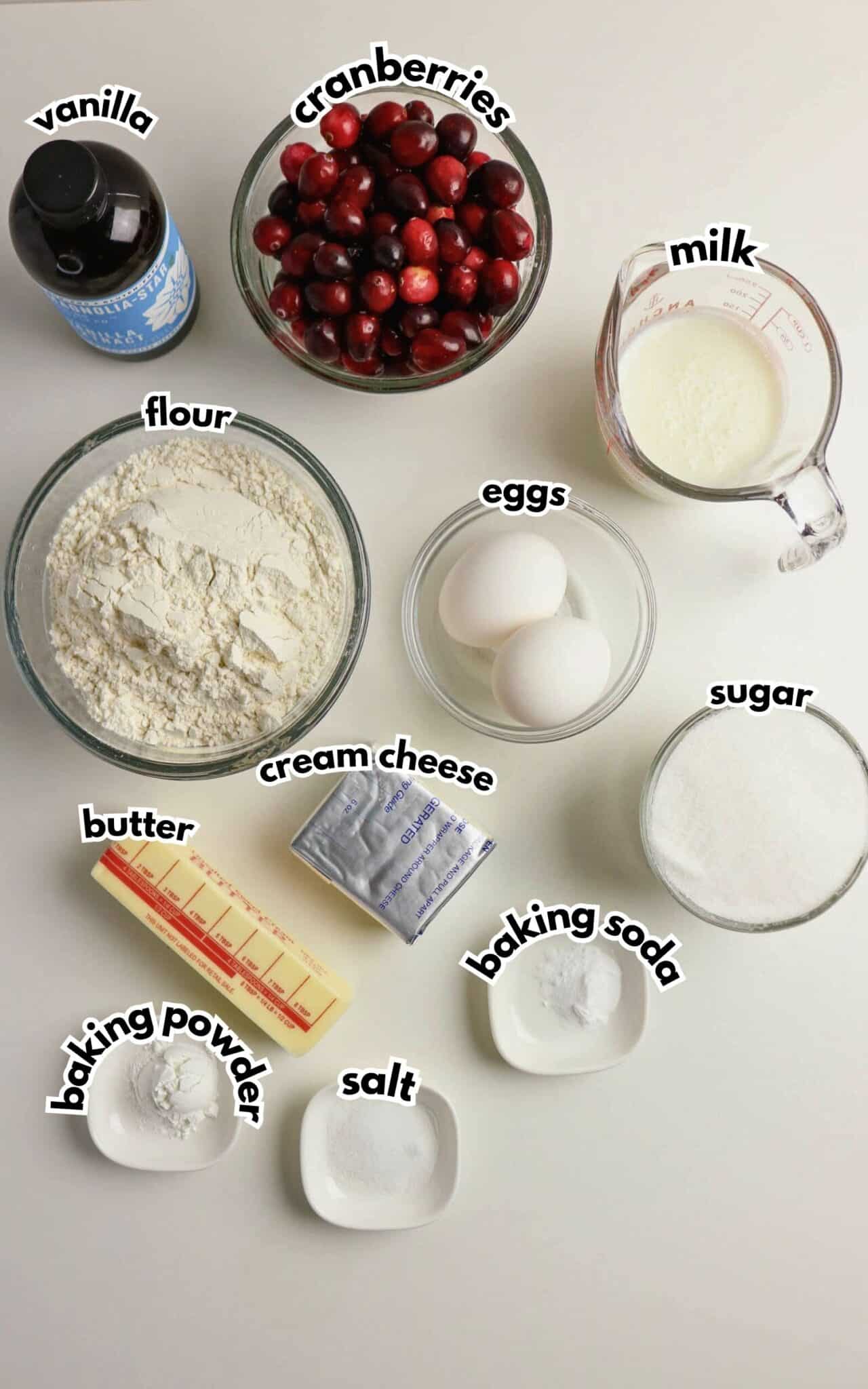 Bowls of vanilla, cranberries, milk, flour, eggs, sugar, butter, cream cheese, baking powder, salt, and baking soda on a counter.