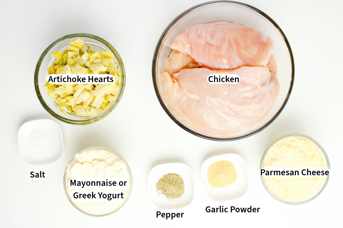 Ingredients to bake artichoke chicken recipe.