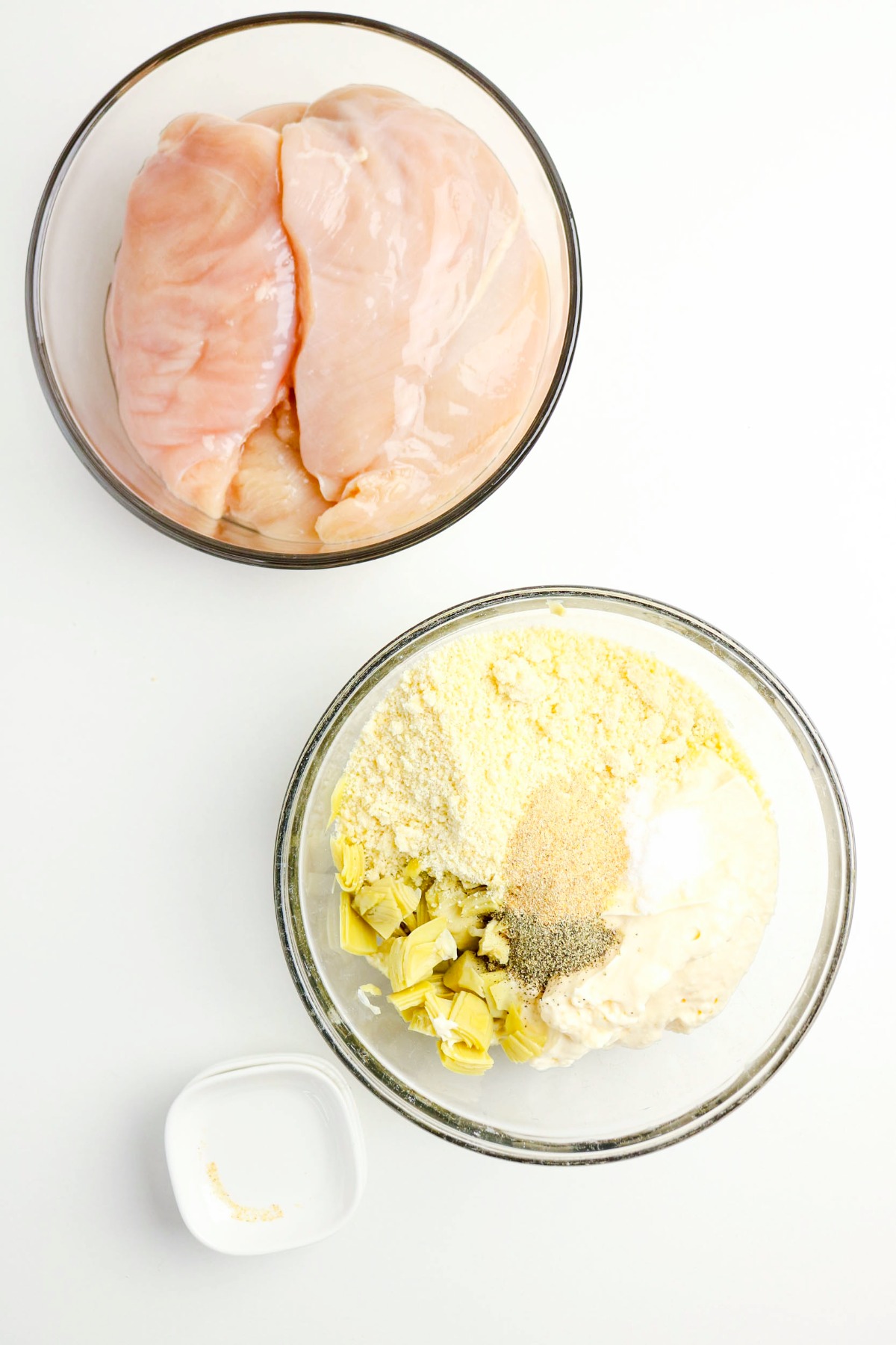 Mixing bowl with artichoke mixture before adding to chicken breasts.