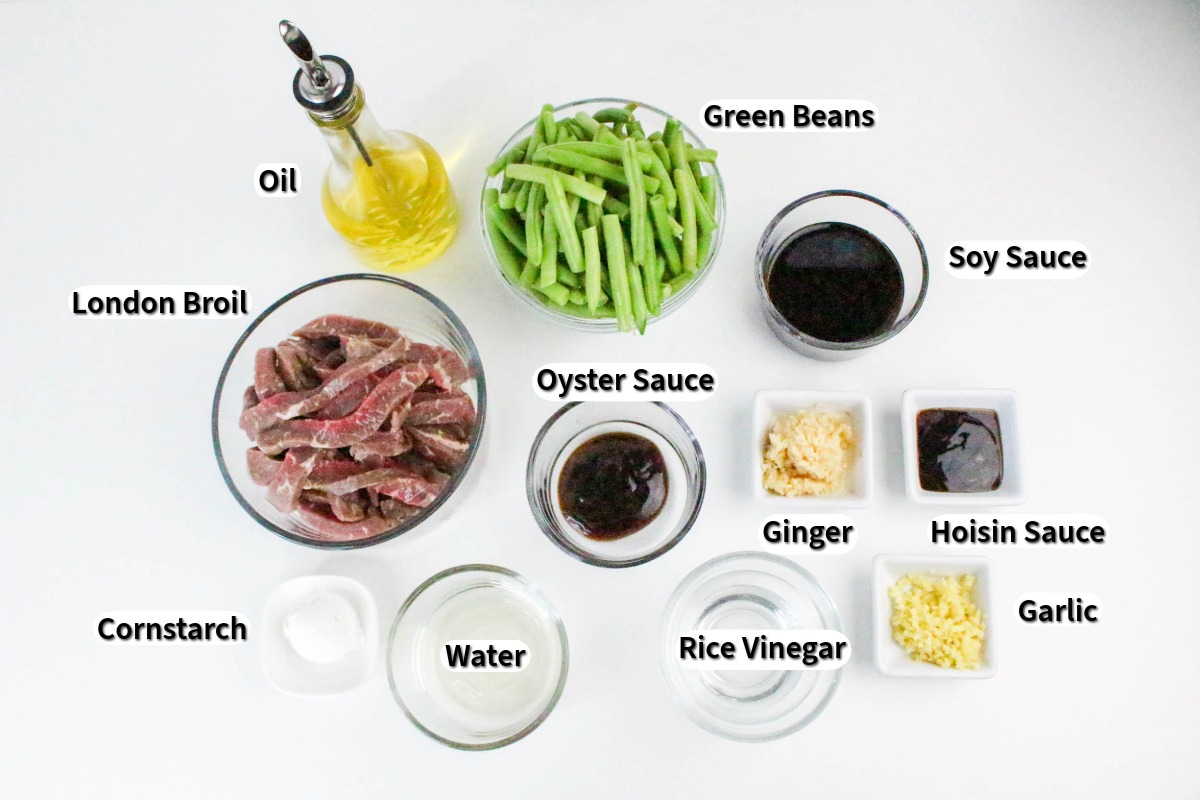 Ingredients to make beef and green bean stir fry.