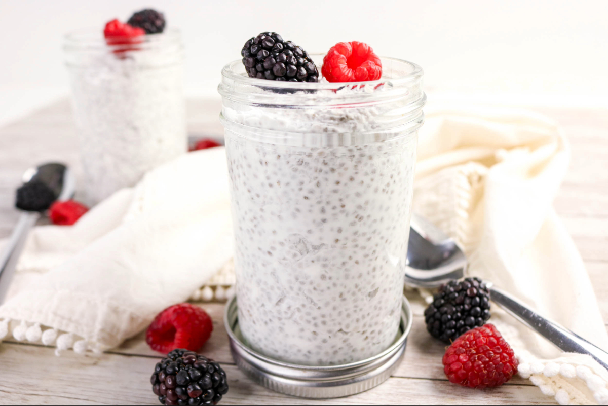 chia pudding with coconut milk in a small jar.
