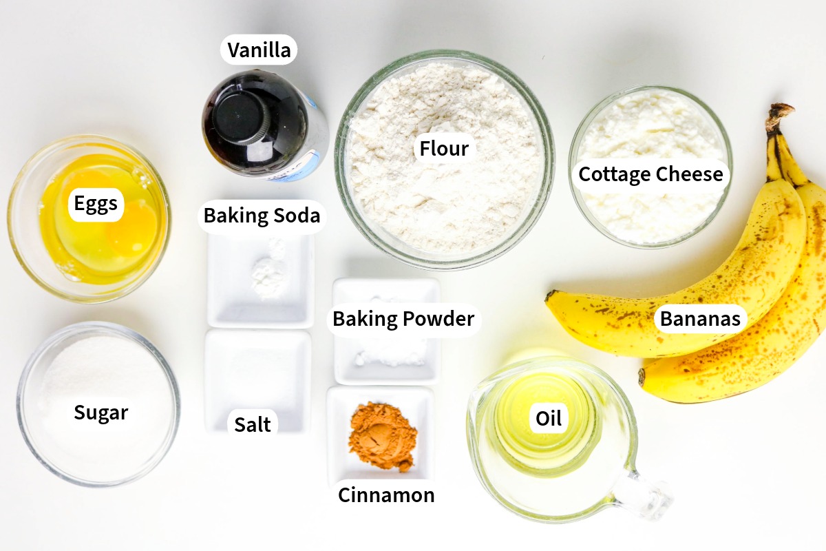 Overhead view of ingredients for banana bread with cottage cheese.