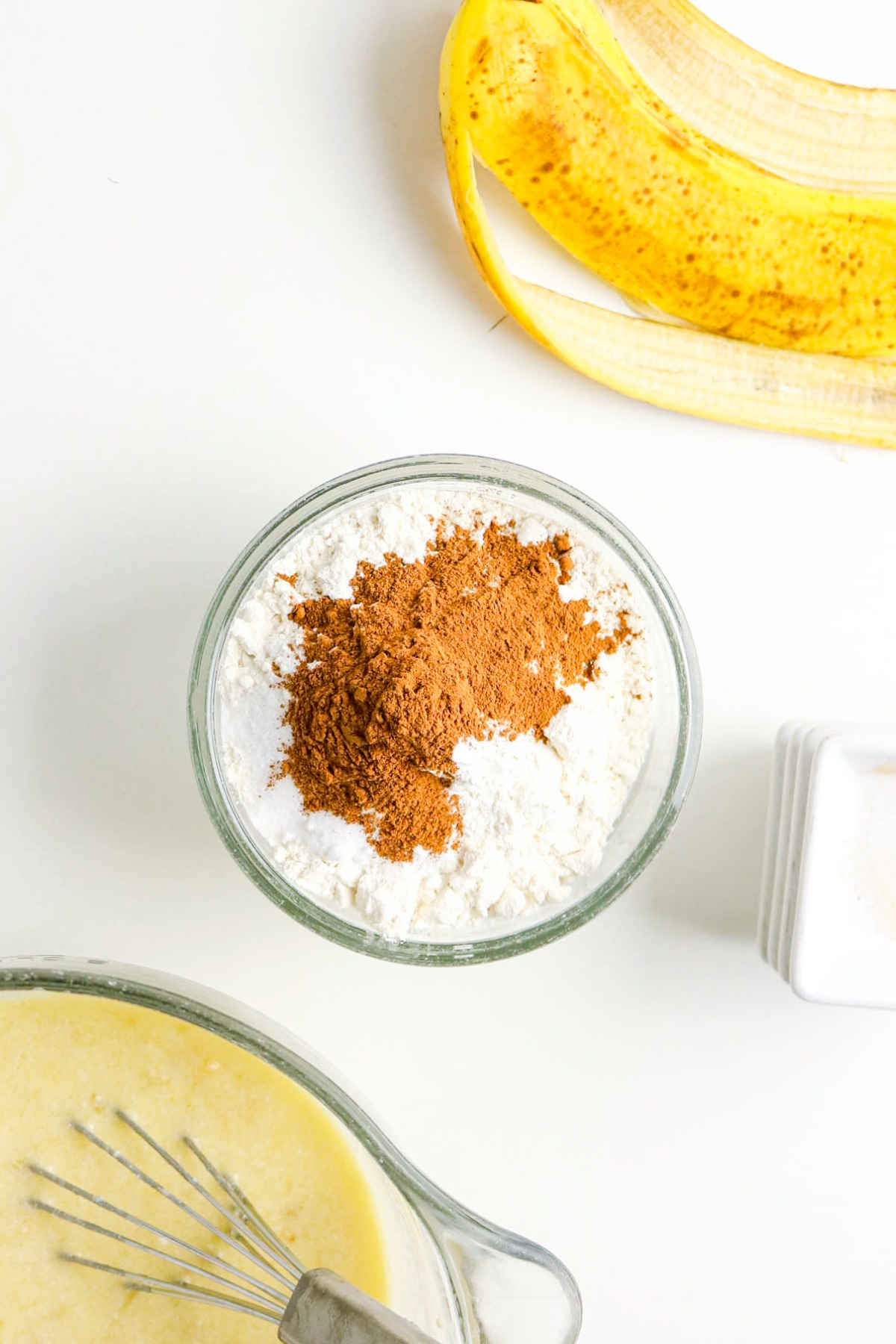 Dry ingredients for cottage cheese banana bread recipe.