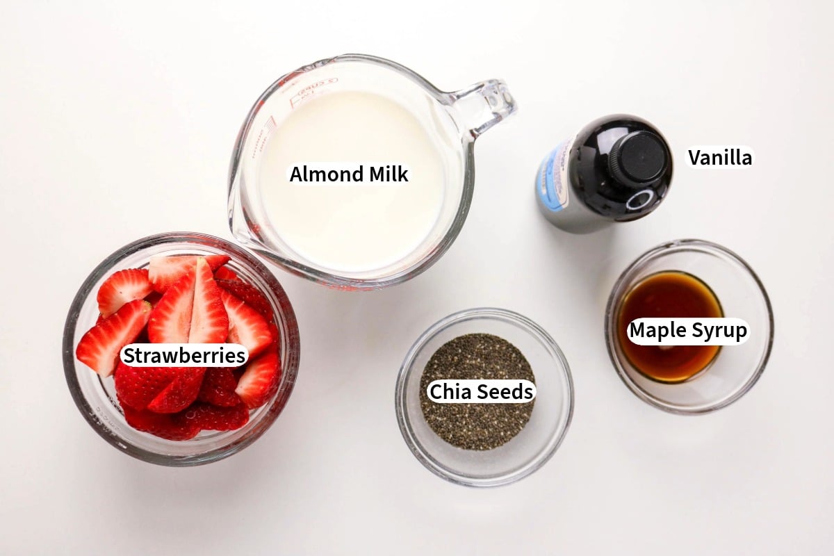 Overhead view of ingredients to make strawberry chia pudding.