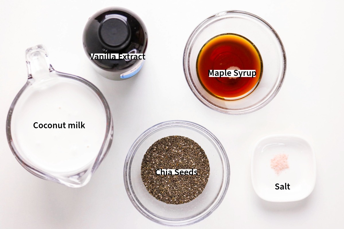 Overhead view of ingredients to make chia seed pudding.