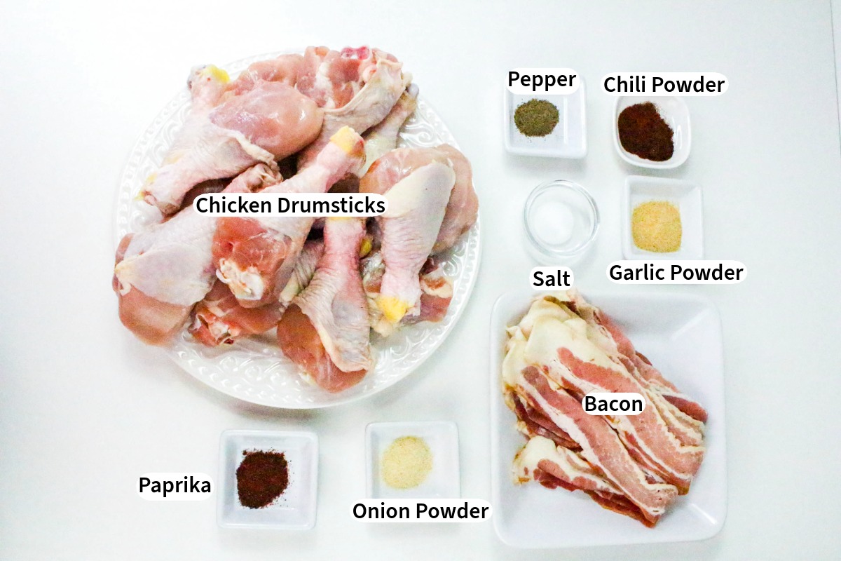 Ingredients for bacon wrapped drumsticks with bacon.
