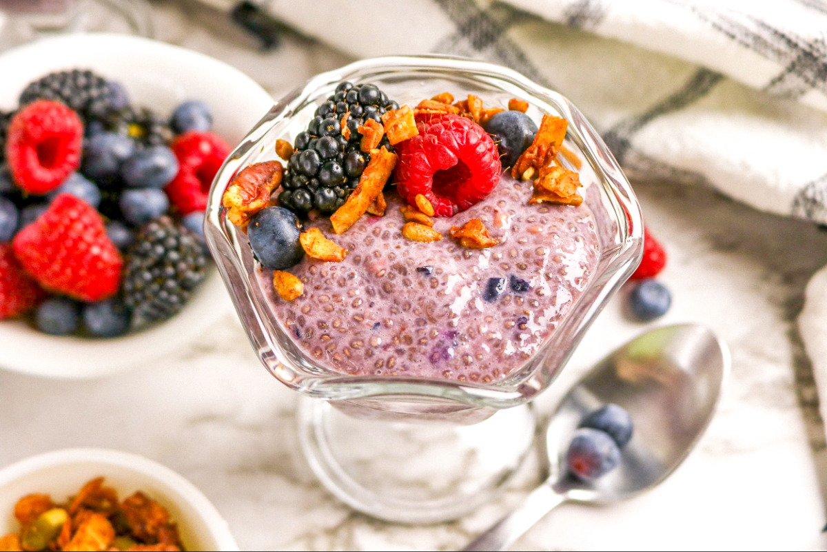 chia pudding made with three berries.