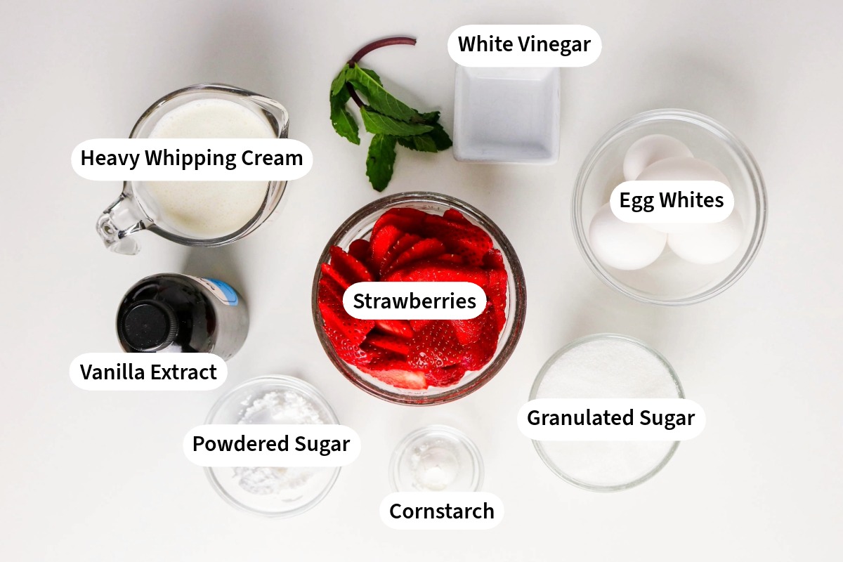 Ingredients for strawberry pavlova recipe.