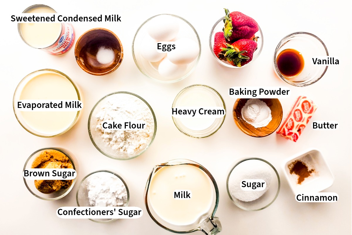 Top view of ingredients needed for tres leches cake recipe.
