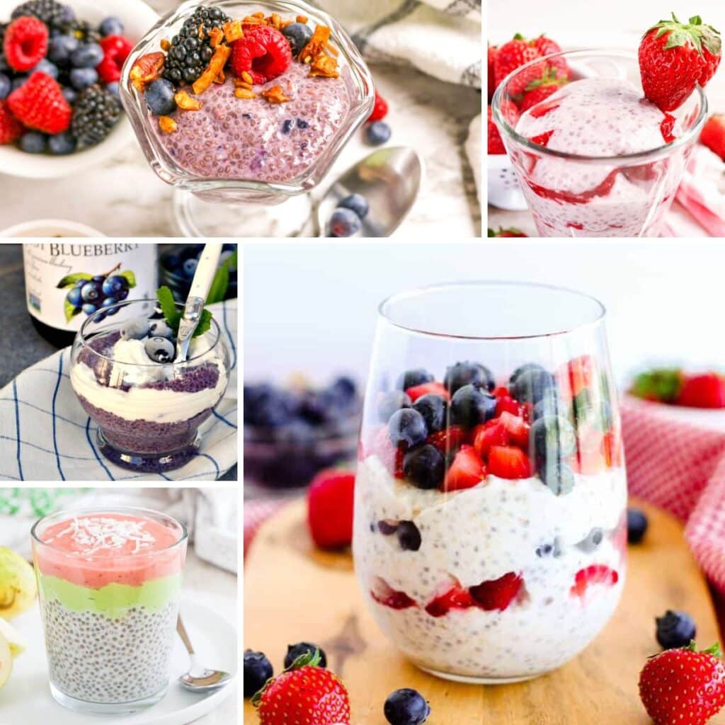 Collage of chia seed breakfast recipes.