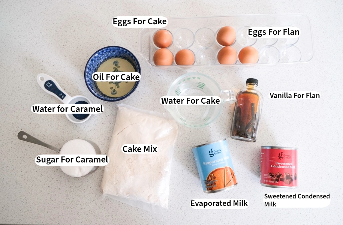 Ingredients needed to make vanilla flan cake.