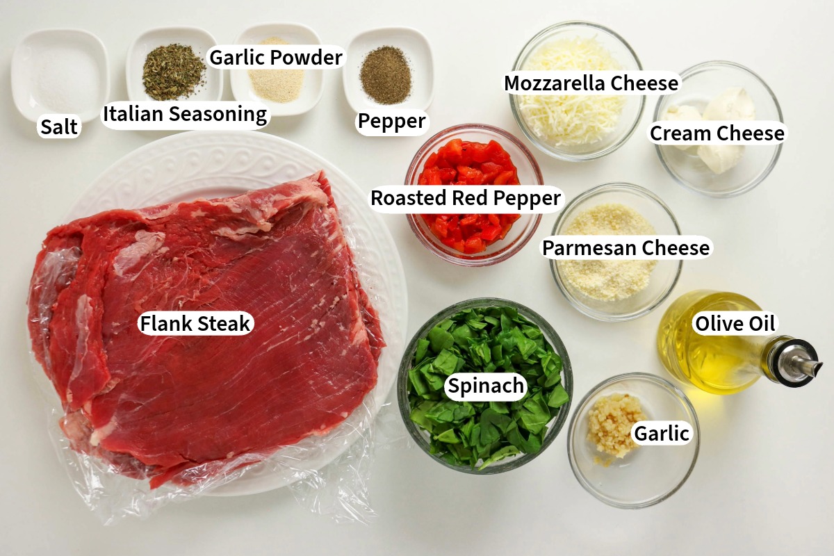 Top view of ingredients needed for stuffed flank steak recipe.