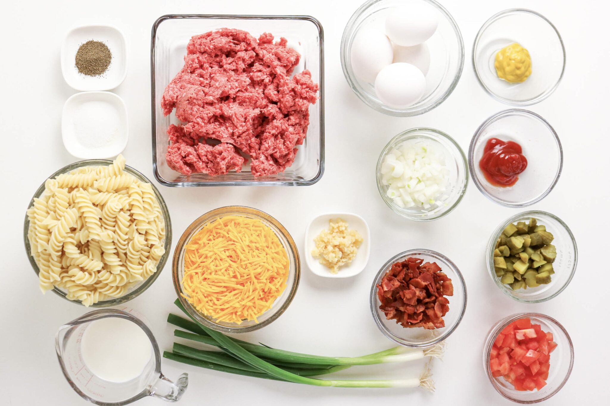 Ingredients to make bacon cheeseburger casserole.