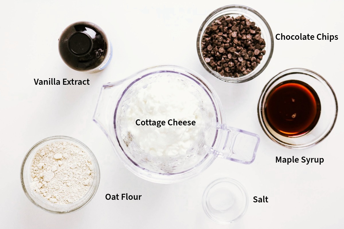 Top view of ingredients needed to make no bake cottage cheese cookie dough.