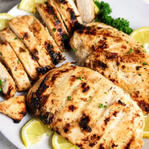 Chicken breasts marinated in Greek yogurt and grilled.