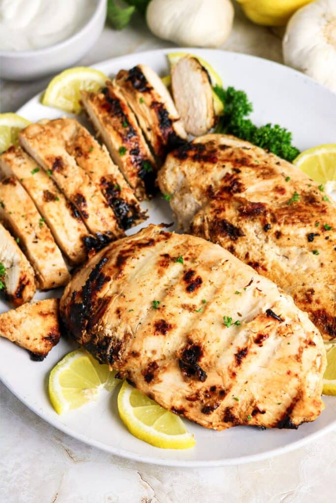 Chicken breasts marinated in Greek yogurt and grilled.