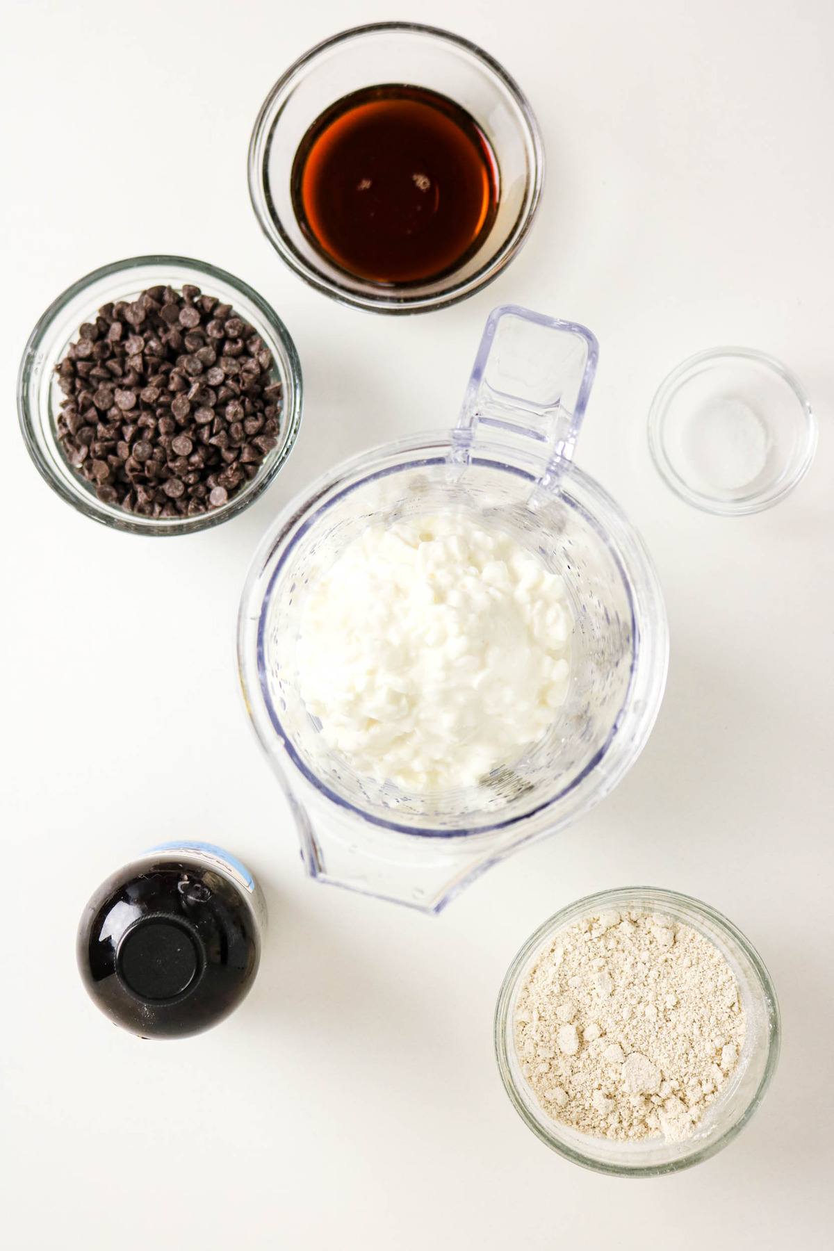 Cottage cheese in a food processor before blending.