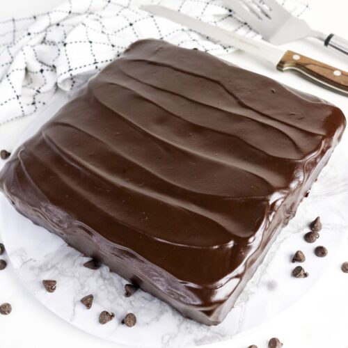 Chocolate cake with yogurt with chocolate frosting on a serving plate.