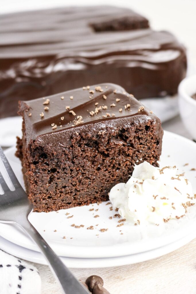 A slice of chocolate cake on a white plate with whipped cream on the side.