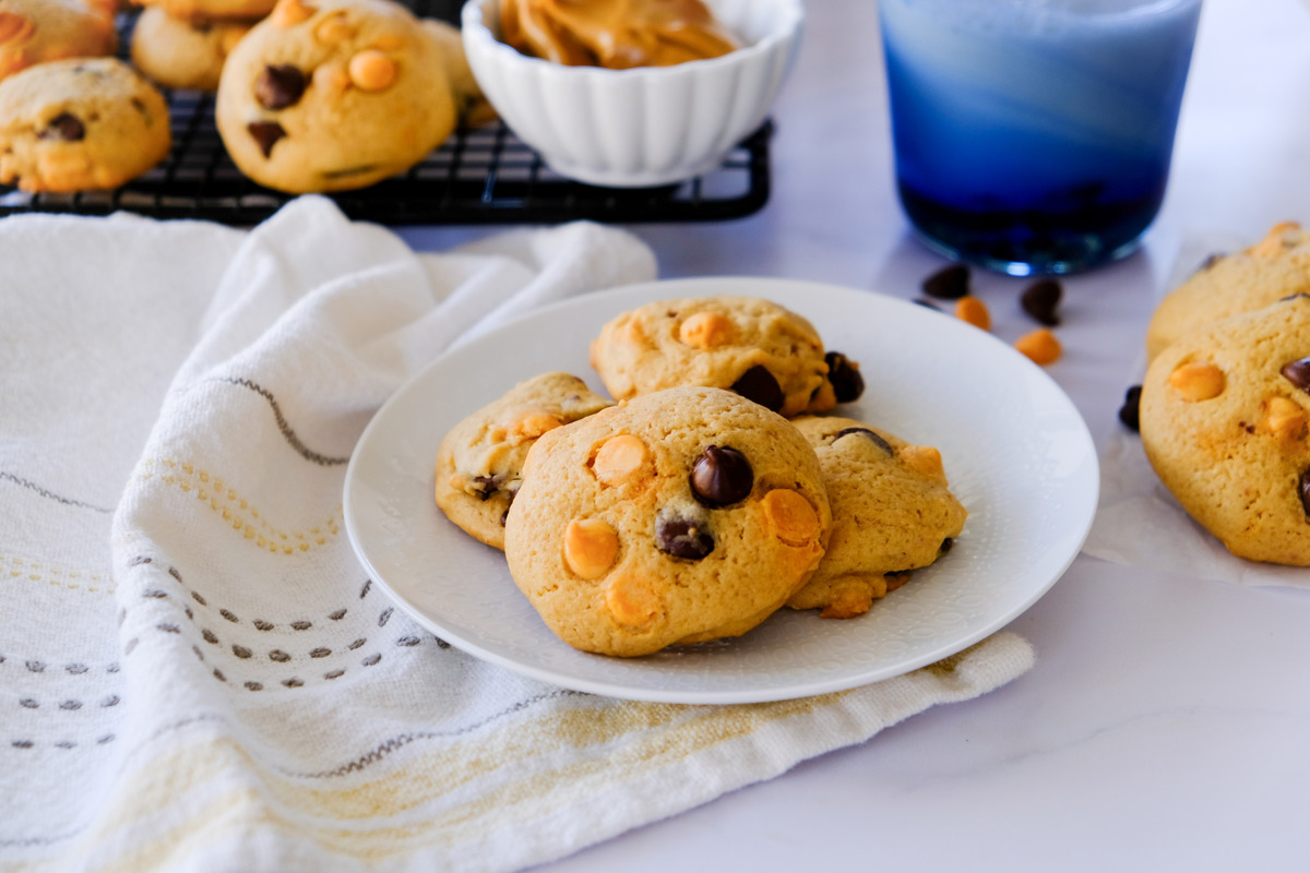 Baked cookies on a white plate with a cup of milk on the side.