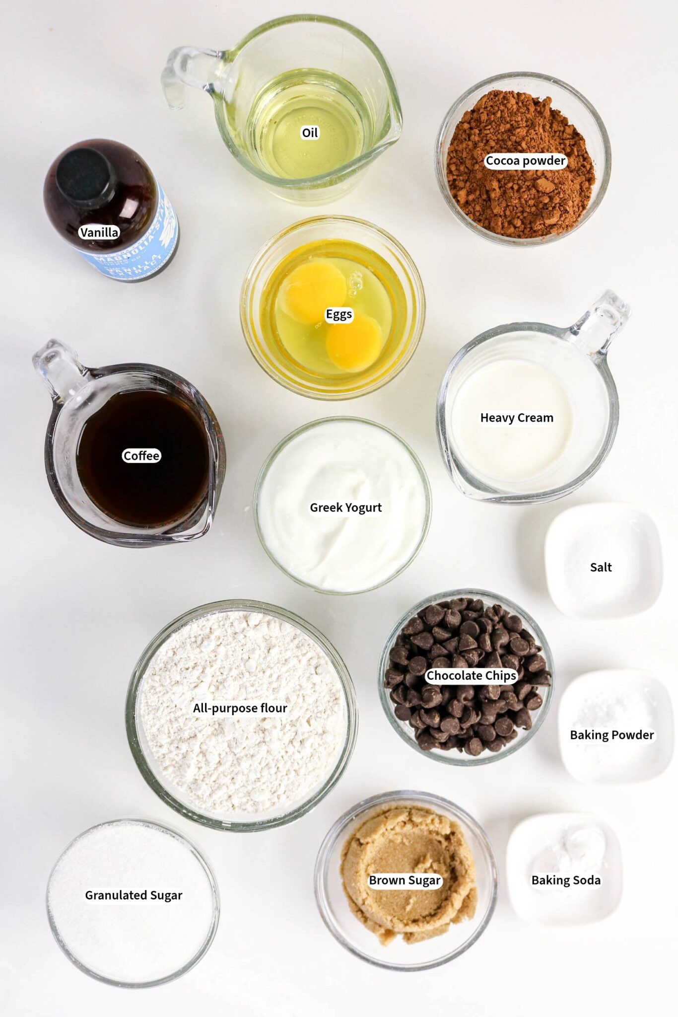 Ingredients to make chocolate yogurt cake.
