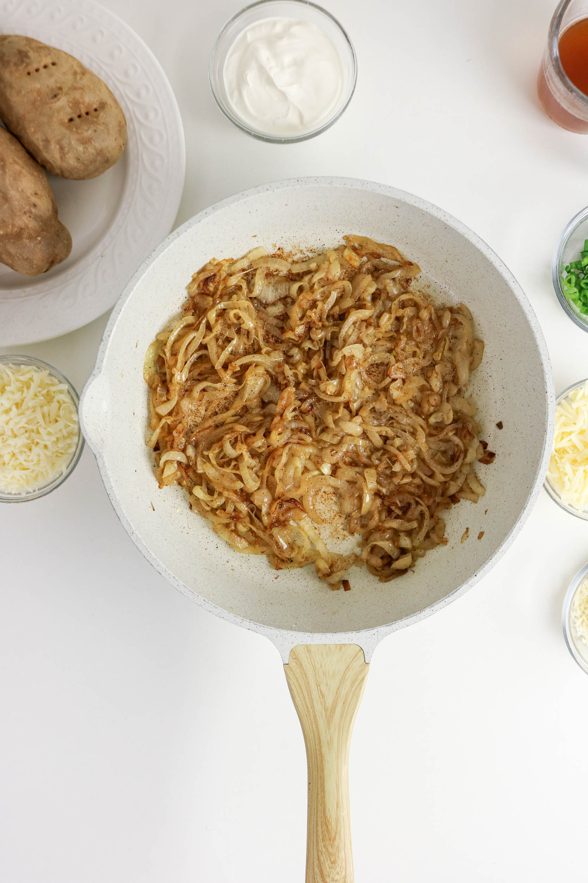 Caramelized onions in a skillet.