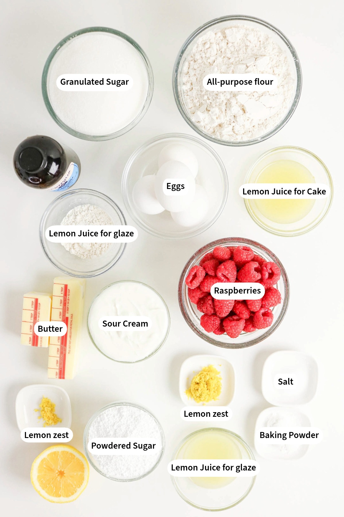 Ingredients needed to bake lemon raspberry bundt cake.