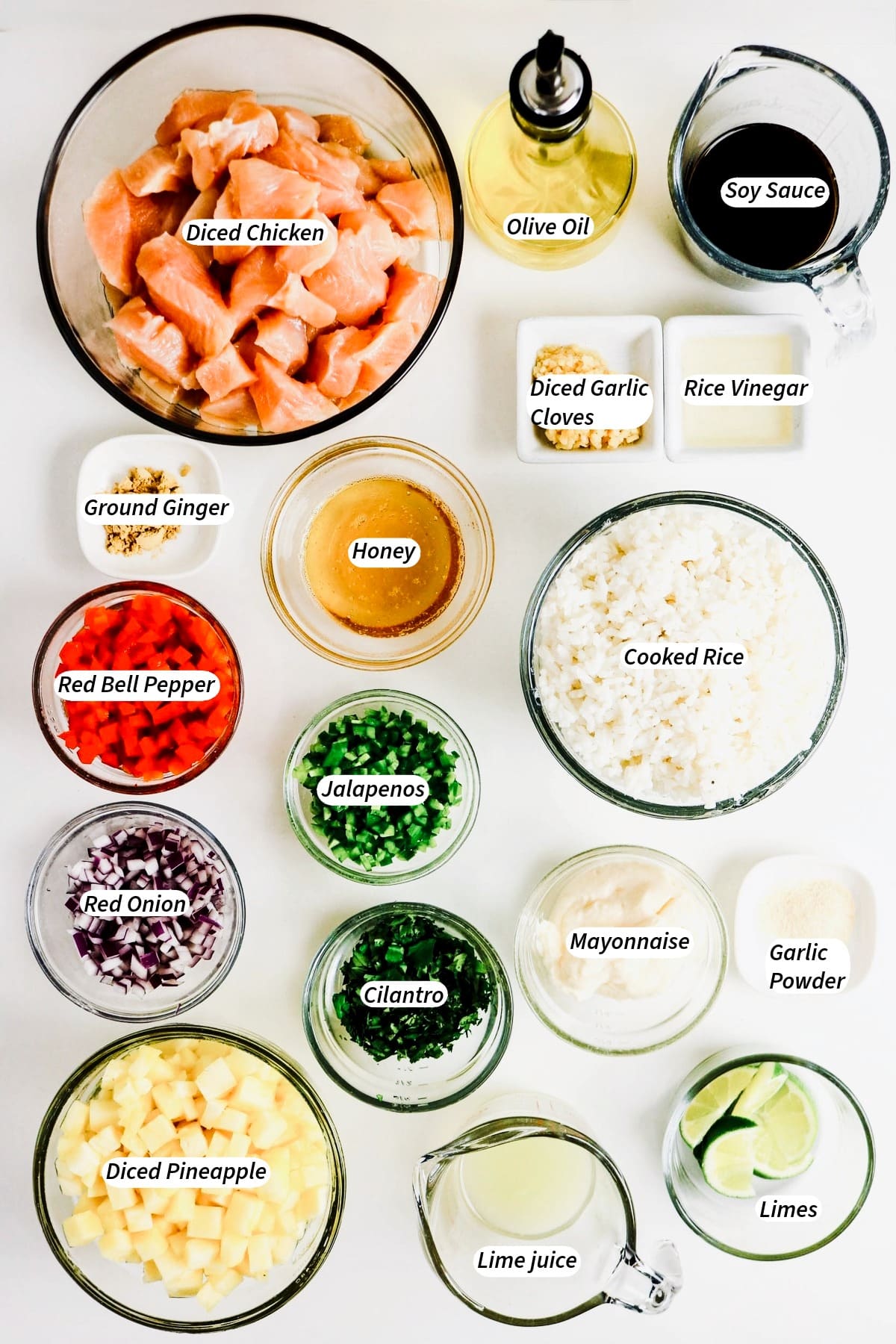 Ingredients needed to make pineapple chicken bowls.