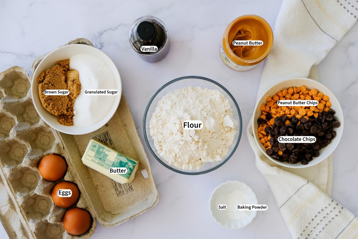 Ingredients to make chocolate chip peanut butter chip cookies.
