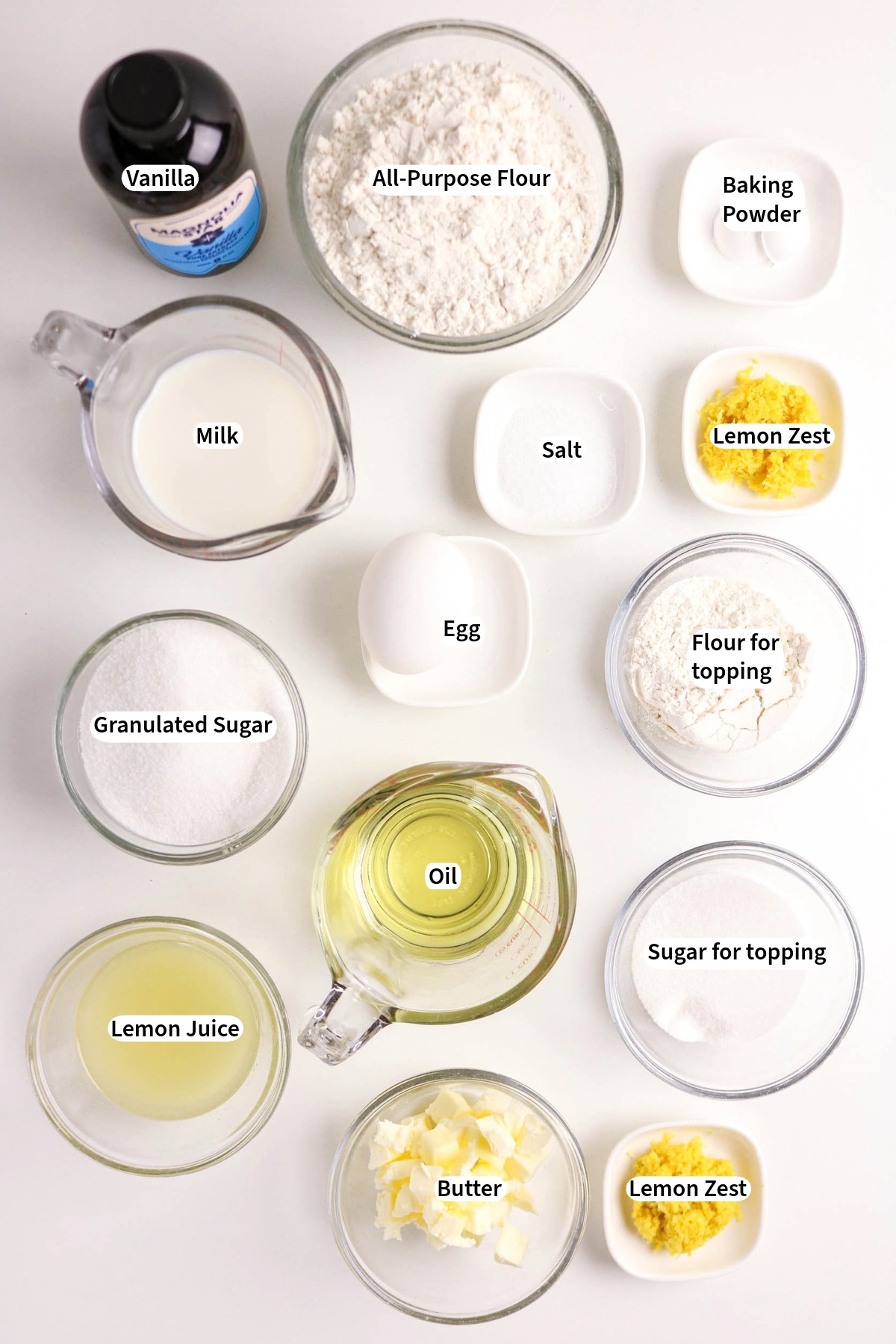 Overhead view of ingredients needed to make lemon muffins.