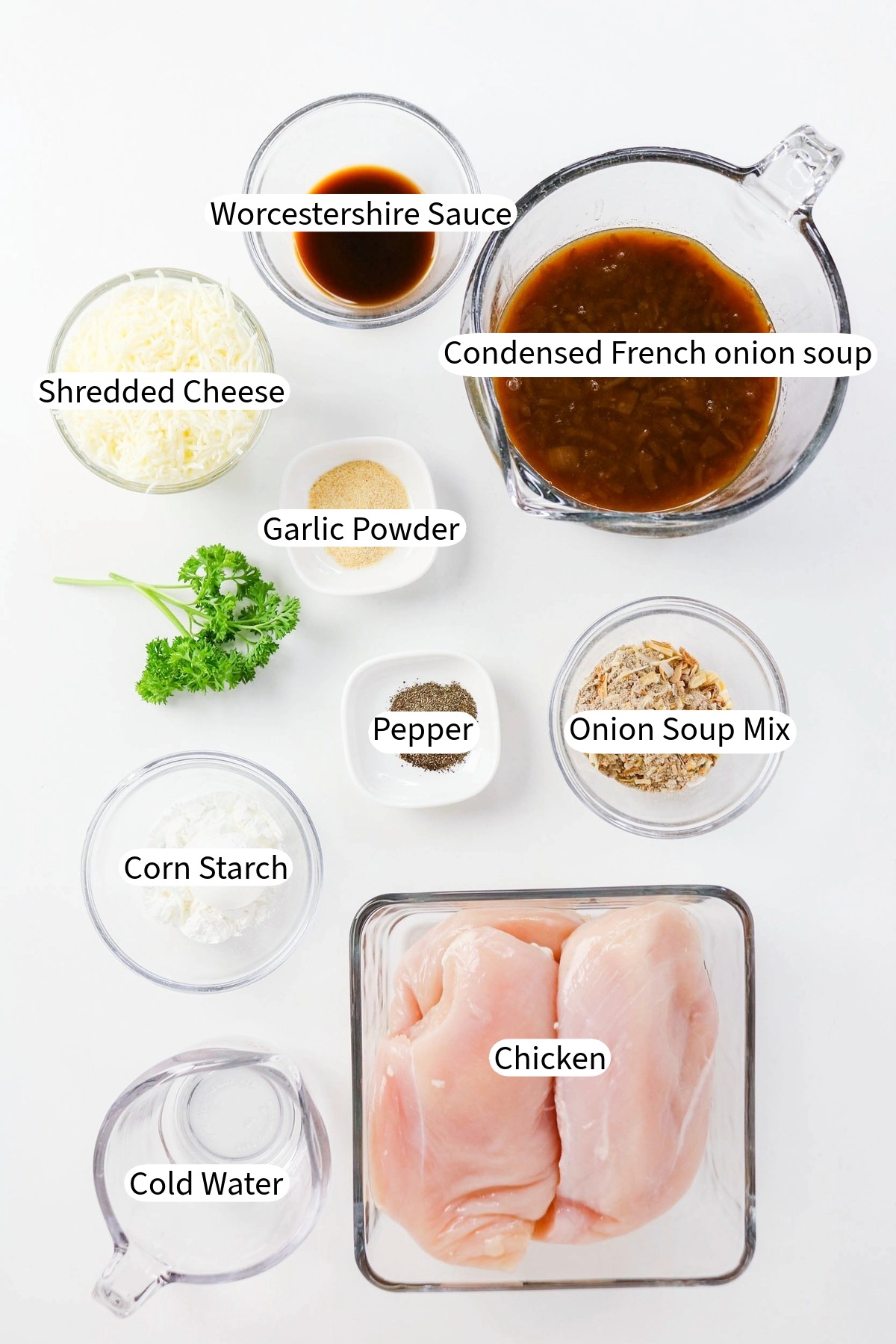 Ingredients to make slow cooker chicken french onion soup recipe.