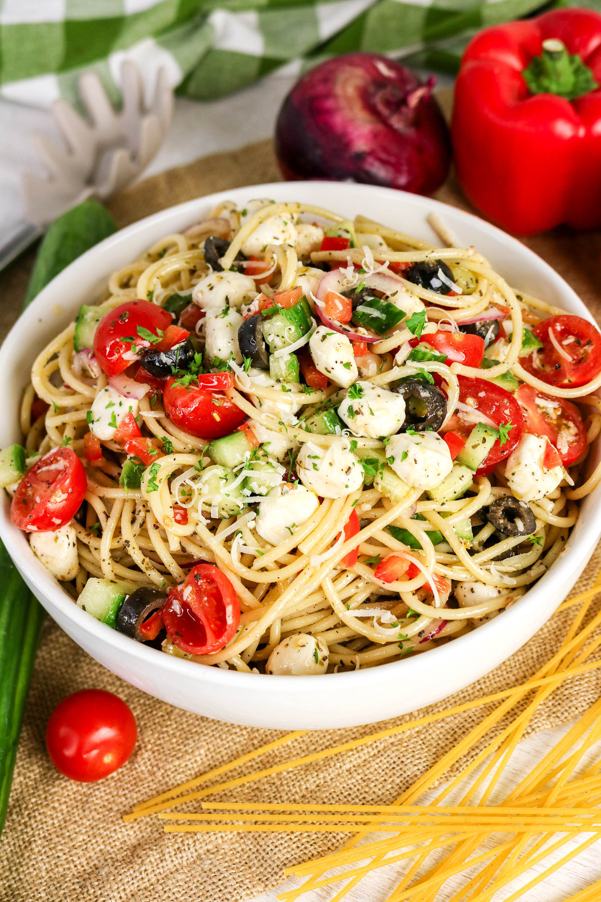 top view of spaghetti pasta salad.