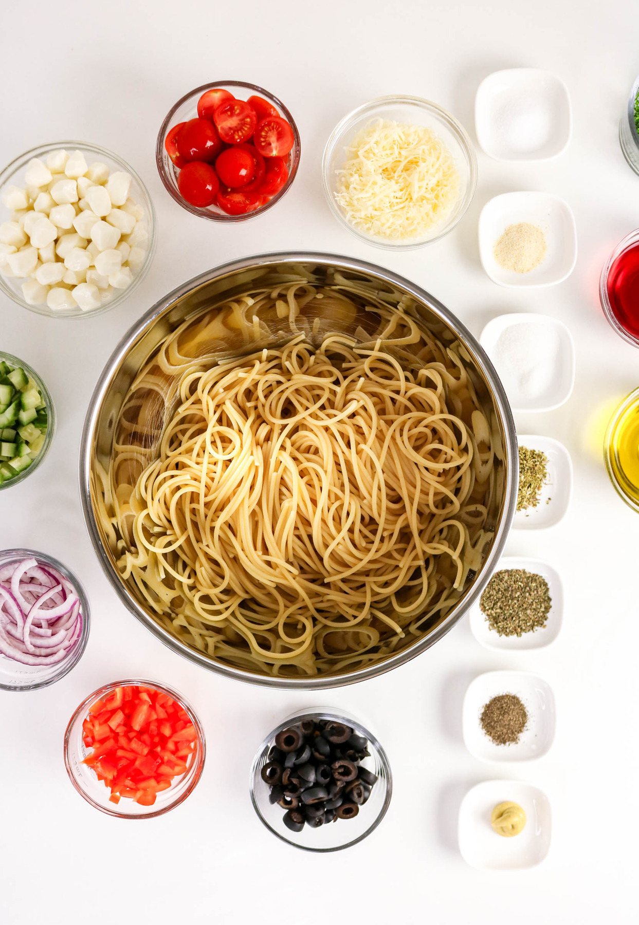 Cooked pasta in a stainless steel pasta pot.