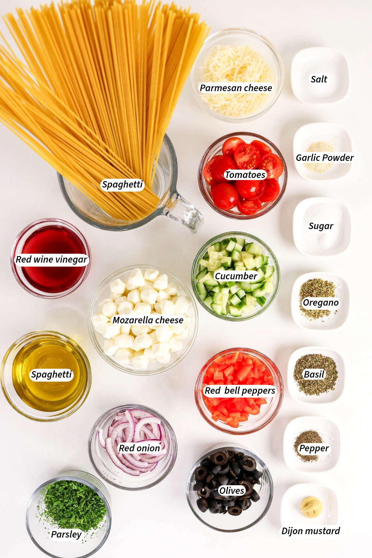 Ingredients to make spaghetti pasta salad.