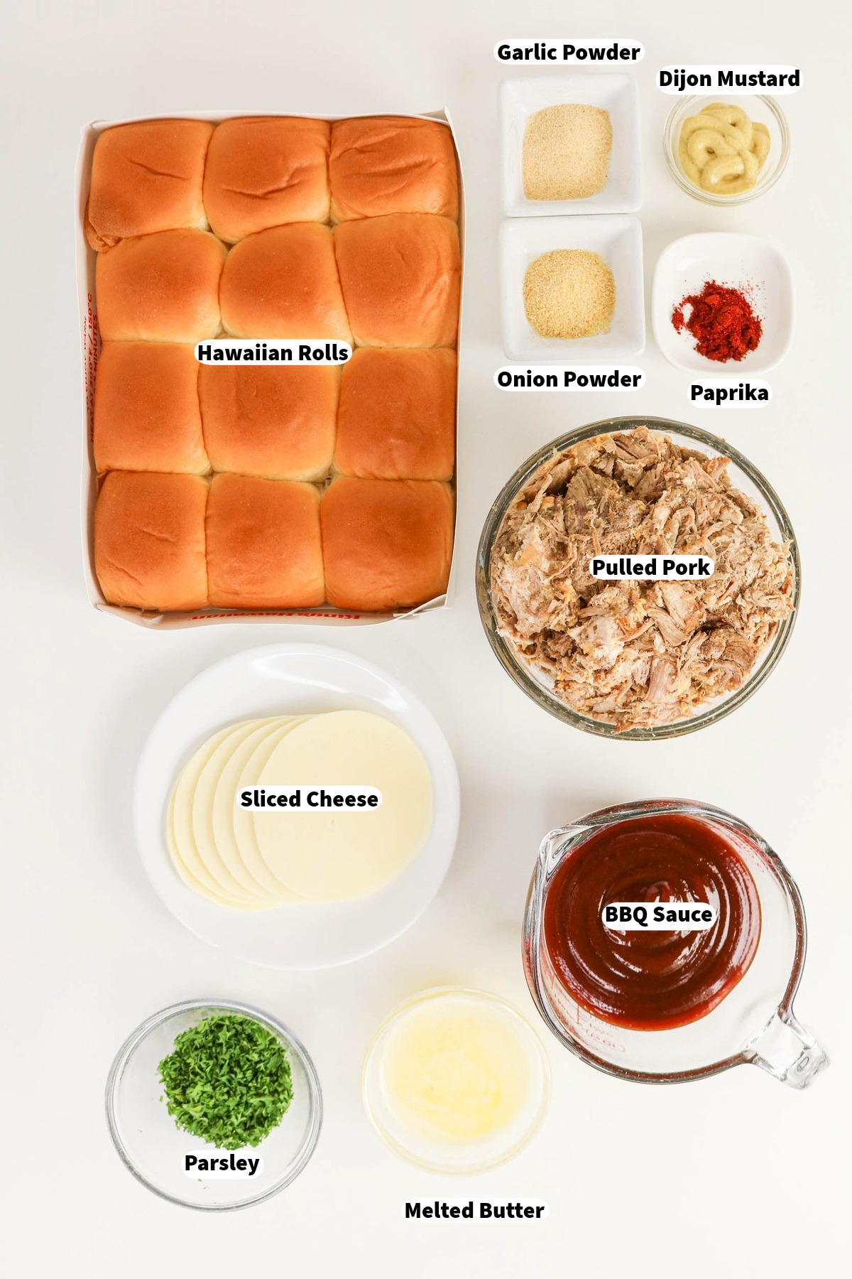 Ingredients needed to make pulled pork sliders.