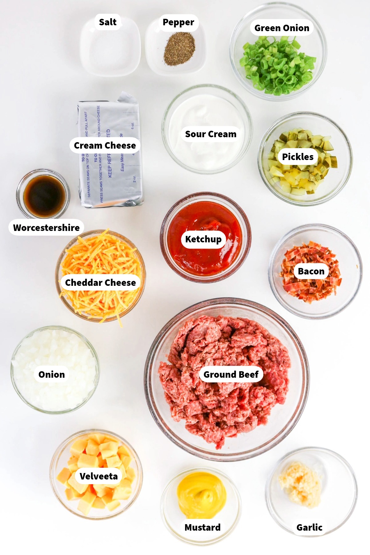 View of ingredients needed to make cheeseburger dip recipe.