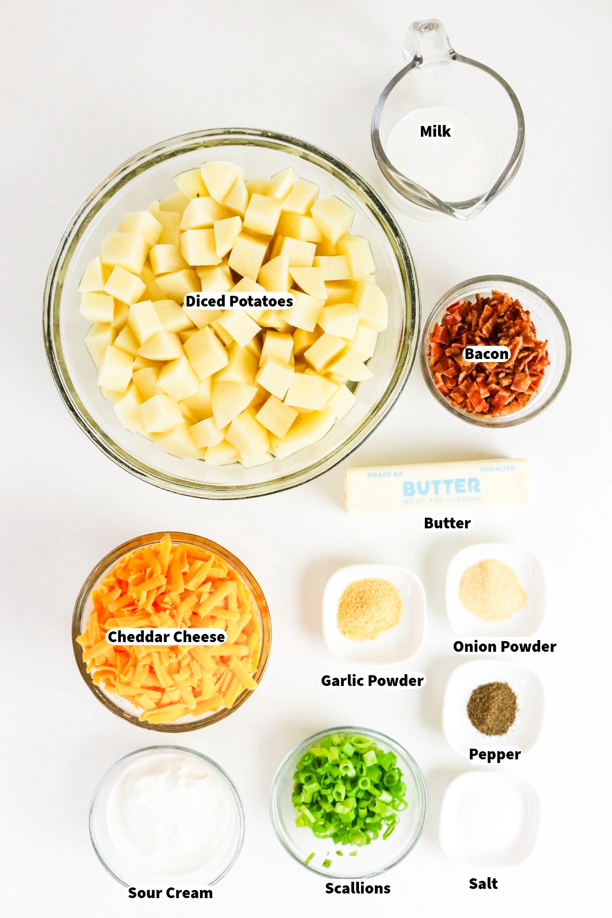 Ingredients needed to make twice baked mashed potatoes.